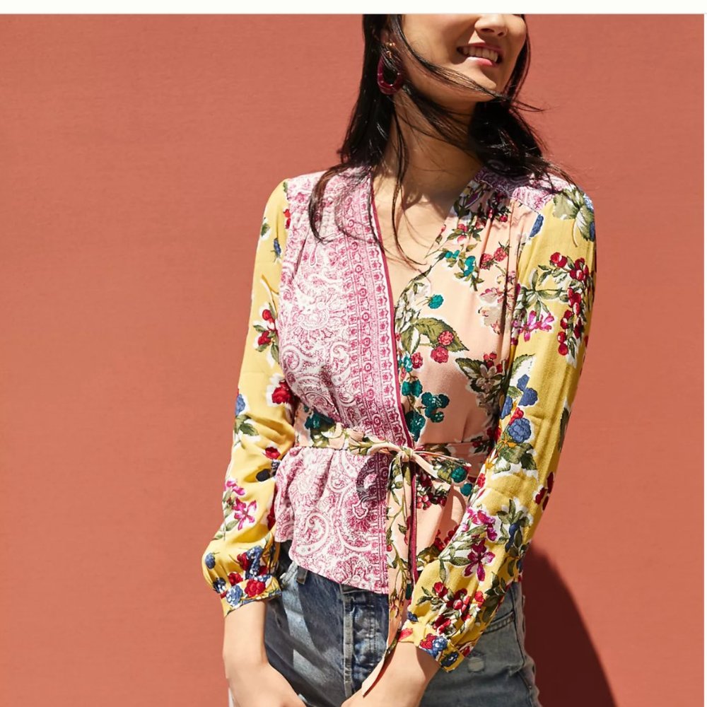 Anthropologie Floral Patchwork Wrap Blouse